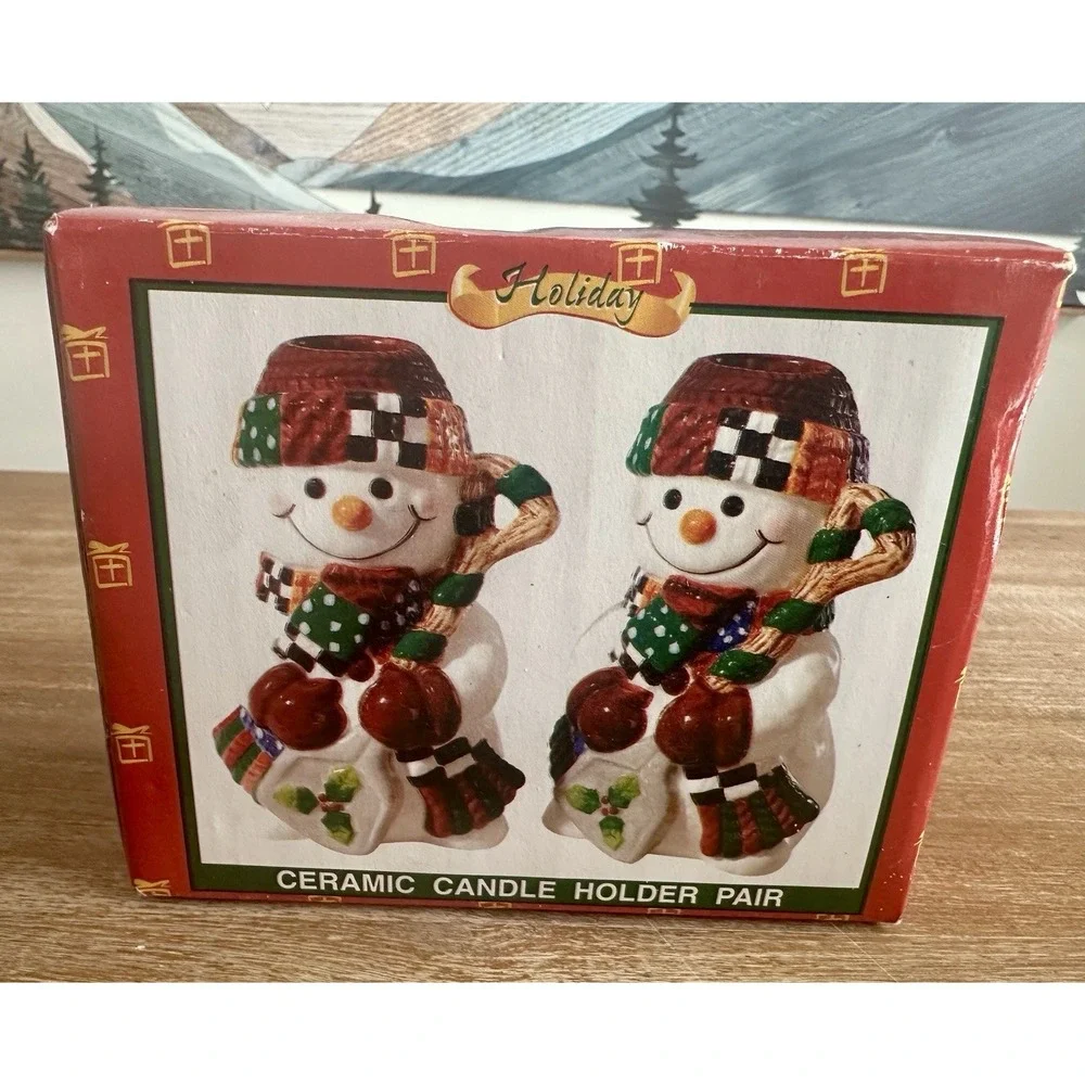 Vintage Snowman Ceramic Candle Holders Pair Holiday Treasures Decor 4